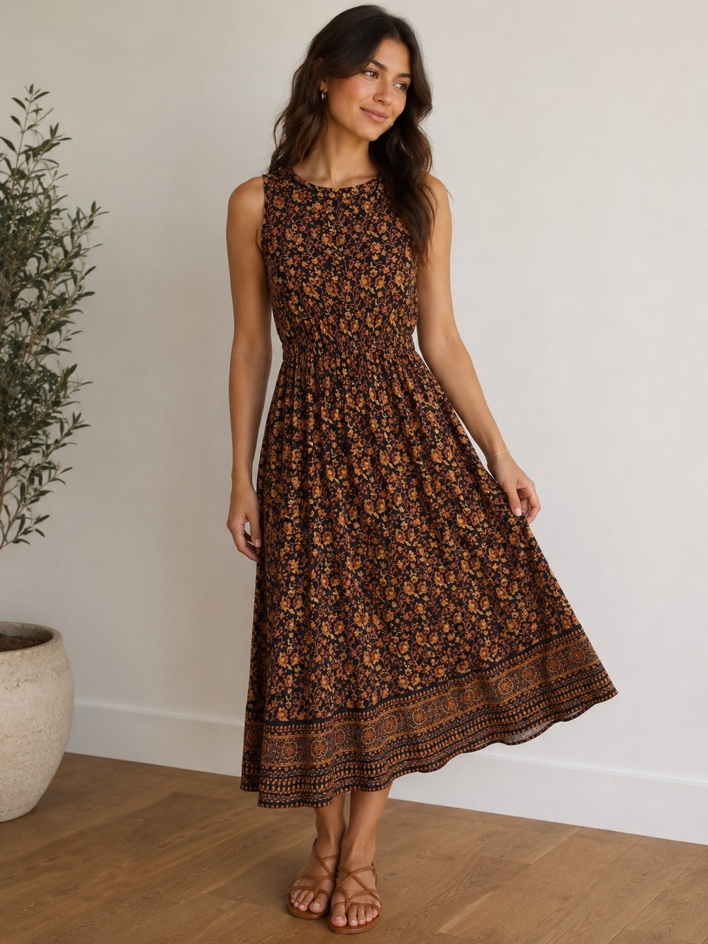 Floral Smocked Waist Midi Dress — Brown Floral